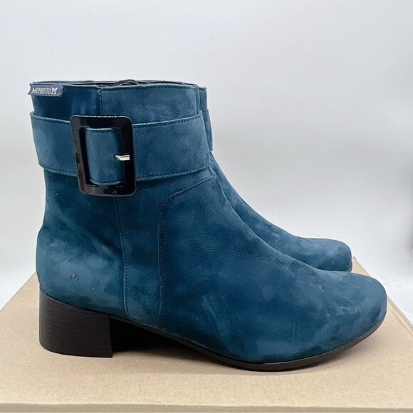Mephisto Boots Gianina Block Heel Ankle Boots Booties Peacock Blue Suede US 9 - Picture 1 of 12